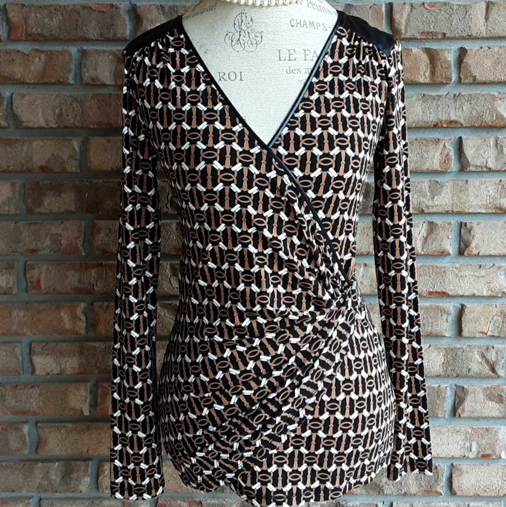 Cache long sleeve faux wrap top.